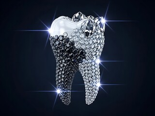 Luxury human tooth covered in sparkling diamonds and black gems