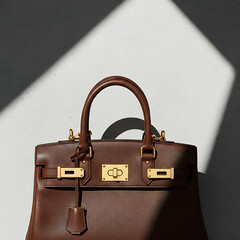 Detailed close up of a high end designer leather bag on a gray concrete surface