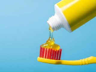 Yellow toothbrush with clear gel toothpaste on blue background