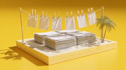 Miniature beach scene features stacks of paper and white squares drying on a clothesline against a bright background