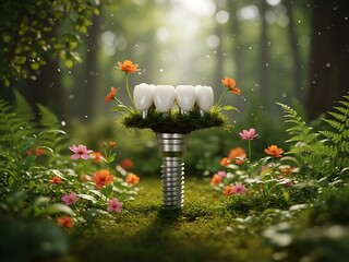 Dental Implants Growing in a Lush Forest as Natural Flowers
