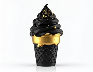 Indulge in the decadence of this jet-black soft-serve ice cream, lavishly adorned with golden accents for a luxurious treat!