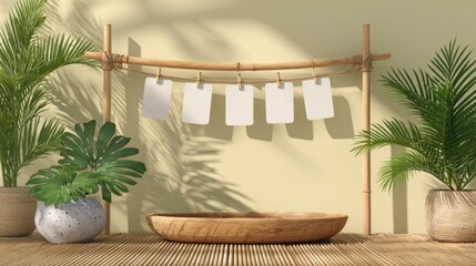Natural light illuminates a tropical display area featuring potted greenery and hanging blank cards on a wooden frame