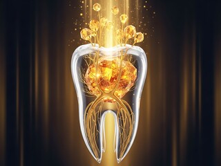 Translucent Tooth with Golden Nerves and Glowing Inner Crystals