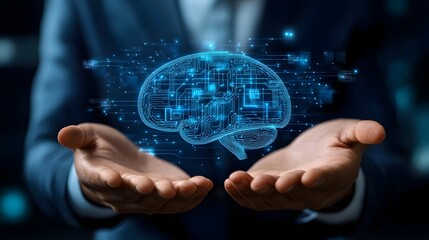 Businessman holds glowing digital brain interface above open palms