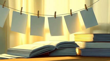 Blank paper notes hang from a line above stacked books illuminated by warm sunlight.