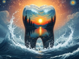 Artistic Tooth with Nature Sunset Landscape and Ocean Waves