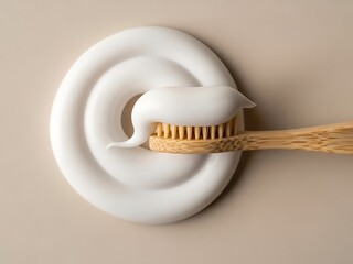 Top Down View of Bamboo Toothbrush with White Toothpaste Swirl