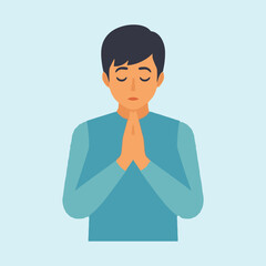 A man with closed eyes and hands pressed together in a prayer or meditation gesture, on a light blue background.