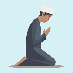 A Muslim man kneeling in prayer, showing devotion and spiritual practice.
