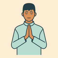 Muslim man in traditional cap with hands clasped in prayer or respectful greeting.