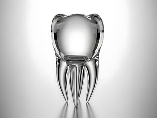 Transparent Glass Molar Tooth on Reflective Gray Background