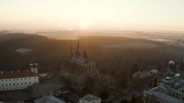 4k Aerial Drone View of St. Barbara's Church in Kutna Hora at Sunrise, 4K.  Czech Republic