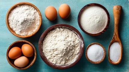 Essential baking ingredients including flour, sugar, and eggs are displayed in wooden bowls upon a textured surface