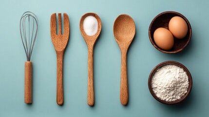 Essential wooden baking utensils and ingredients are neatly arranged on a pale blue surface for food preparation.