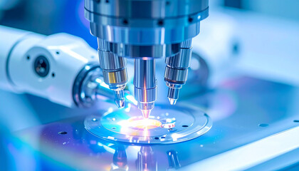 Precision in Industry: A close-up showcases a robotic arm in action, precisely manipulating a component within an industrial setting, with a mesmerizing display of light and technology.