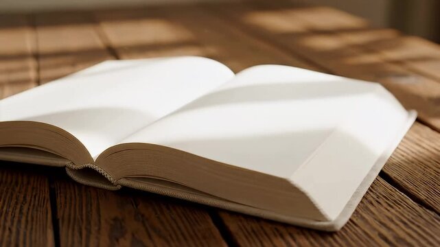 This serene, high-angle shot captures an open book with pristine, blank white pages resting gently on a richly textured, rustic wooden table. Soft, warm natural light bathes the scene, creating intrig