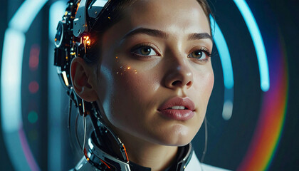 Cybernetic Vision: Portrait of a futuristic individual with advanced cybernetic implants, their gaze reflecting a world of innovation, merging human essence with technological marvel.