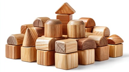 Wooden Building Blocks: A collection of various wooden blocks in different shapes and sizes, arranged to create a playful and educational scene, symbolizing creativity, learning, and construction.