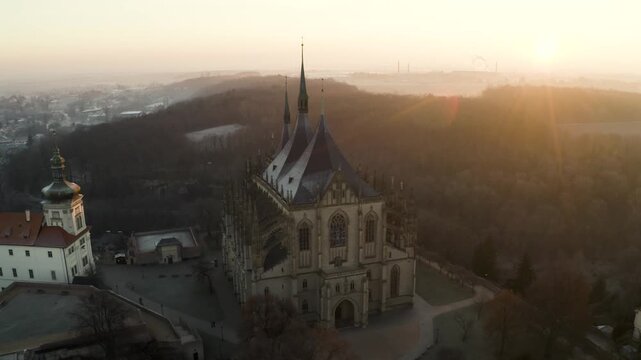 4k Aerial Drone View of St. Barbara's Church in Kutna Hora at Sunrise, 4K.  Czech Republic
