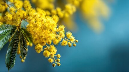 Brilliant yellow fluffy blossoms hang from a branch against a rich blue backdrop
