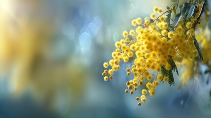 Bright yellow pompom flowers bloom on a branch against a softly blurred background