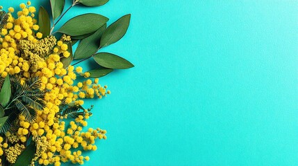 Bright yellow blossoms and green foliage frame a vibrant cyan background surface