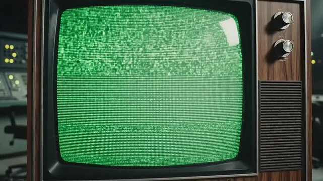 Retro Television Displays Green Static Interference, Unveiling a Timeless Grainy Image Like Old Wheat Fields