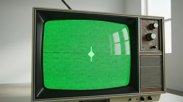 Retro 1980s television Green Screen with static, vintage electronics