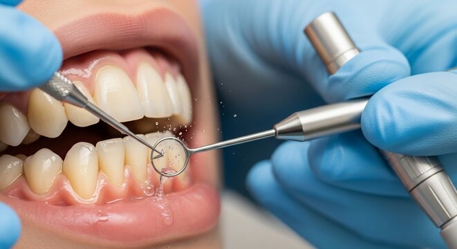 Dentist Examining Patient Receiving Dental Treatment.