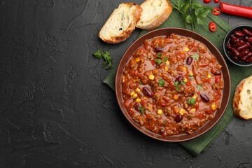 Delicious chili con carne served on black table, flat lay. Space for text