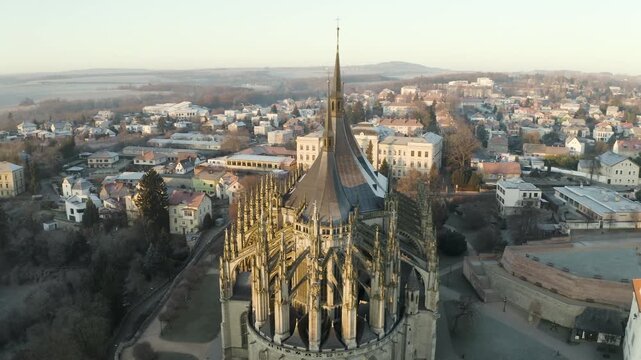 4k Aerial Drone View of St. Barbara's Church in Kutna Hora at Sunrise, 4K.  Czech Republic