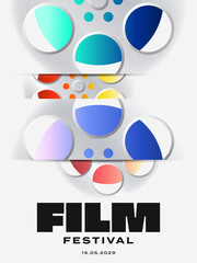 Modern abstract film festival poster template design with colorful film reel and bold typography isolated on white background. Vector illustration