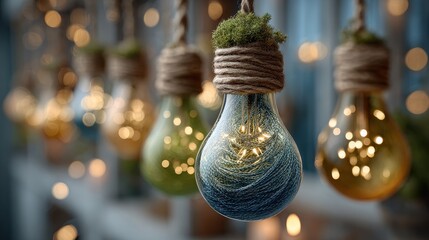 Decorative Hanging Light Bulbs with Greenery and Warm Glow Effects