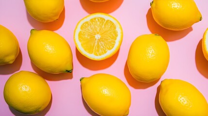 Bright yellow lemons scattered on a vibrant pink background