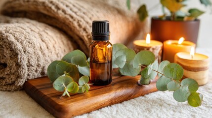 Amber glass essential oil bottle rests near burning candles and eucalyptus leaves on a wooden board