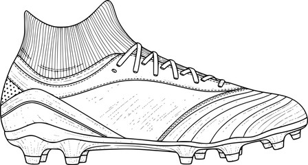 Clean black line drawing soccer cleats boots detailed illustration World Cup 2026 equipment side view technical vector isolated white background
