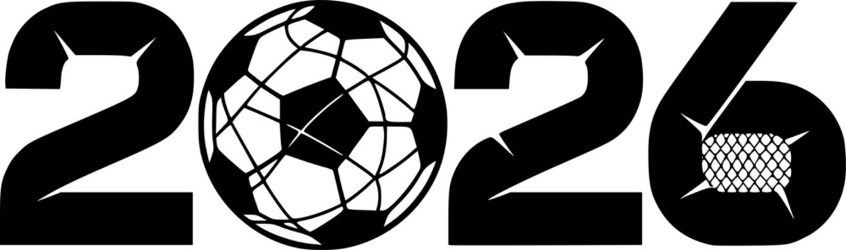 Bold black vector typography 2026 number integrated soccer ball elements World Cup geometric modern font championship isolated white background design