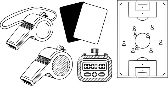 Monochrome vector line art whistle referee card stopwatch tactical board World Cup 2026 soccer equipment collection isolated white background