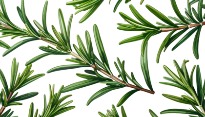 Digital image of fresh, green rosemary sprigs scattered on a stark, black background