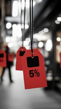 Retail sale sign with red sticker indicating 5% off. The tag features the percentage discount as part of a promotional offer.