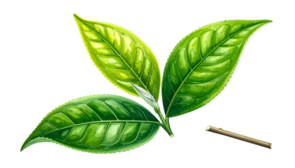 Digital illustration of three vibrant green tea leaves with stem, a single twig on black