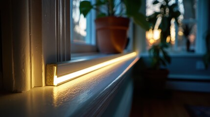 Warm Glow of LED Light Strip on Window Sill at Sunset