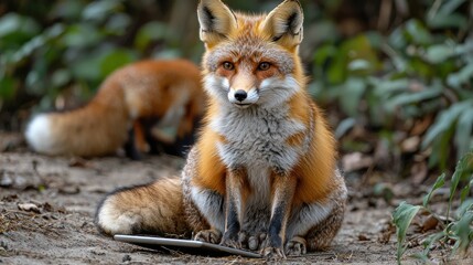 Two foxes in a wood, one frontal, sitting alert, rich orange fur
