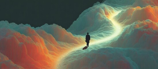 Silhouette walks illuminated path through cloud-like landscape