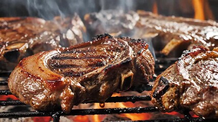 Juicy sizzling steaks with perfect grill marks cooking over hot coals on a smoky barbecue creating a mouthwatering aroma and a classic outdoor summer grilling scene.