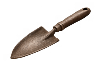 Rusty metal garden trowel with a sturdy wooden handle, old and dirty, ready for planting and digging soil