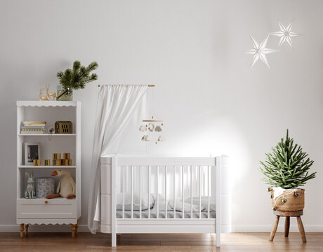 Cozy white nursery decorated for Christmas, wall mockup, 3d render