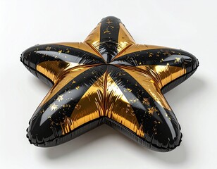 A glossy, five-pointed star balloon floats on a stark white background, painted with irregular golden streaks and black highlights.