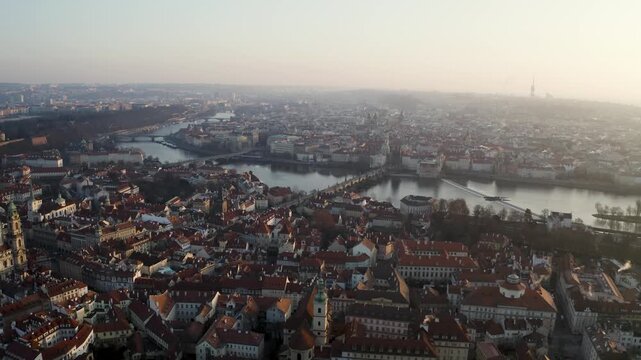 Aerial Drone View of Charles Bridge and Prague Old Town at Sunrise, 4K